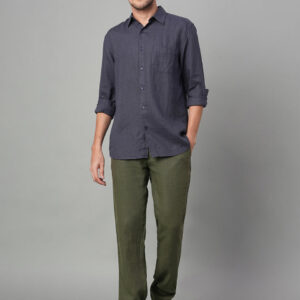 Men's Olive 100% Linen Regular Fit Pant